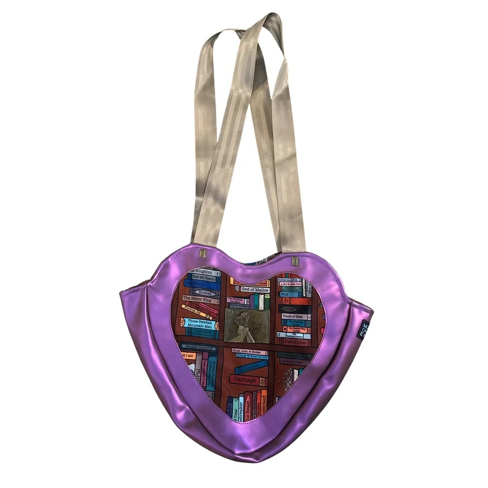 Main Character Energy Heart Tote Bag Women OS Purple Bookshelf Print Novelty